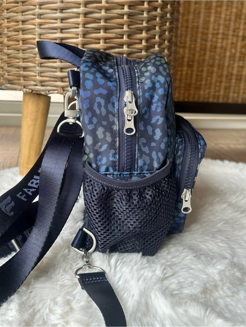 Fabletics Navy Blue Cheetah Print Mini Backpack sling Convertible purse